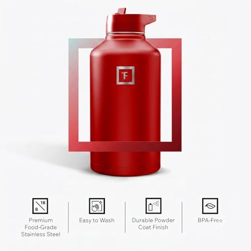 Image of IRON FLASK Camping & Hiking Hydration Flask with Straw, Wide Mouth Insulated Stainless Steel Sports Water Bottle - Fire Red 64 oz - Straw (1 Lid)