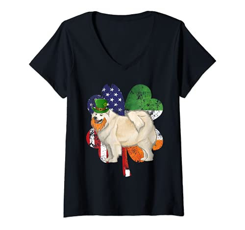 Womens St Patricks Day Irish American Flag Samoyed Dog V-Neck T-Shirt, Black