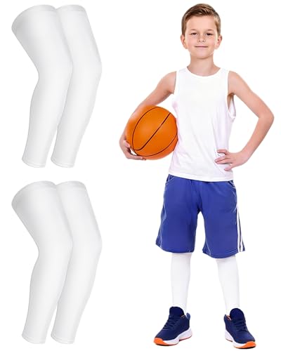 Runhit 2 Pairs Kids Basketball Leg Sleeve Youth Long Compression Leg Sleeves UV Protection for Boys Girls Soccer Football White+White L