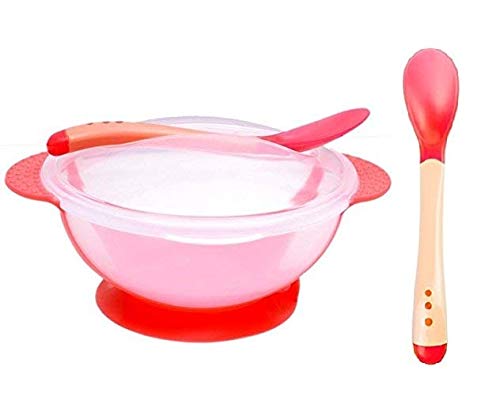 Manan Shopee Baby Travel Time Feeding Food Storage Container Unbreakable Portable Dispenser Bowl with (2 Spoons)1 Silicone & 1 Heat Sensor SpoonSpoon Baby Food Serve Bowl Super Combo All in One Pack-Red
