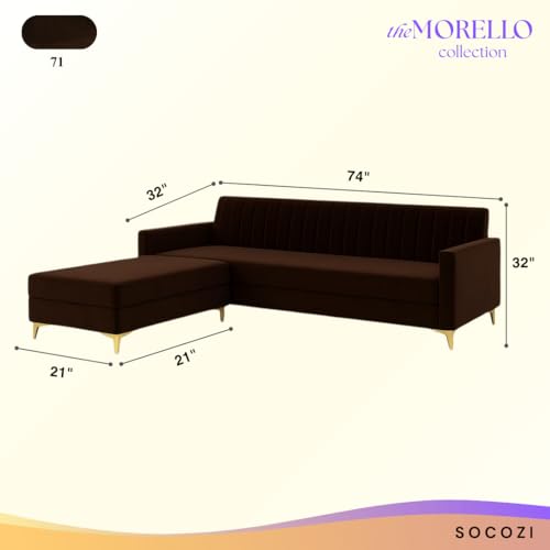 Image of SOCOZI Morello 4 Seater L Shape Sofa Set with Movable Ottoman | Flexible Left or Right Layout | Soft Velvet Suede Fabric | Modern Design | Plush Comfort Cushions for Living Room (Dark Brown)