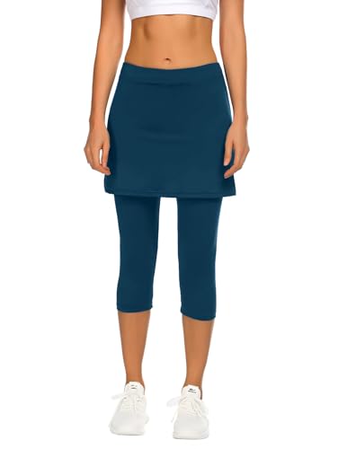 PINSPARK Tennisrock Damen Knielang Hosenrock Frühling Laufen Rock mit Hose Drunter Hohe Taille Yoga Skort mit 3/4 Pants Outdoor Golf Sportrock Blaugrün M