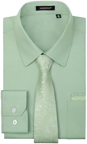 HISDERN Mens Dress Shirt with Tie Pocket Square Set Classic Butto...