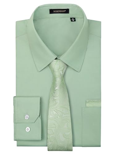HISDERN Mens Dress Shirt Sage Long Sleeve with Tie Set