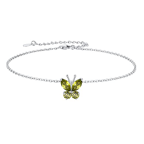 SILVERCUTE 925 Sterling Silver Ankles for Women Butterfly Anklet Bracelets Peridot Jewelry Waterproof Foot Bracelet August Birthstone Anklet