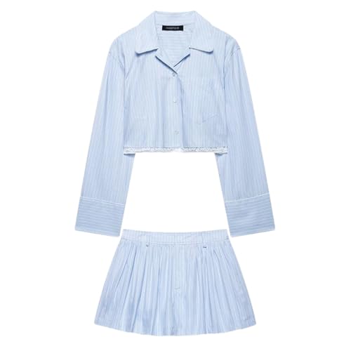 Women's 2 Piece Set Blue Striped Single Breasted Shirt Vintage Front Zipper Shorts Shorts Set