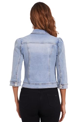 Anienaya Women's Jean Jacket Cropped Denim Jacket Stretchy 3/4 Puff Sleeve Distressed with Pockets2