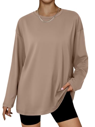 AUTOMET Women's Oversized Long Sleeve Shirts Fall Trendy Tops Tee Fashion Gym Tshirts Baggy Basic Casual Loose Fit Workout Y2k Clothes Khaki M
