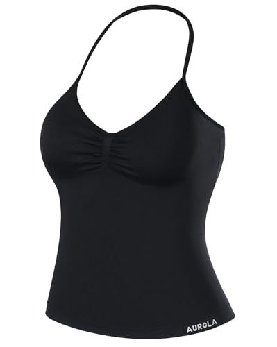 AUROLA Influence Longline Strappy Workout Halter Tops for Women Removable Cups Padded Bras Impact Gym Yoga Sleeveless Tank Top Black XS