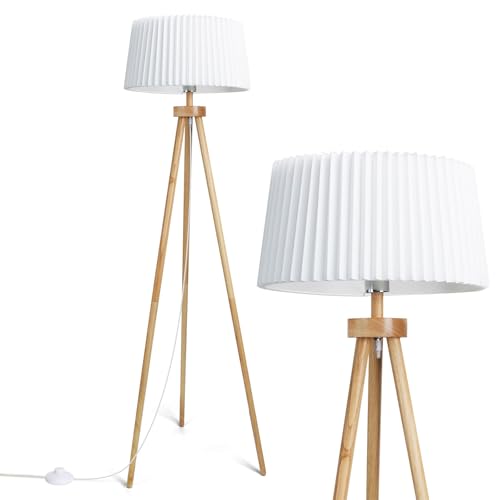 Aigostar Lampara de Pie tripode E27 Vintage de Madera Maciza para Salón， Plisada Pantalla Blanca de Lino， Cable 180 cm con Interruptor de Pie， Sin Bombilla， Estilo Nórdico