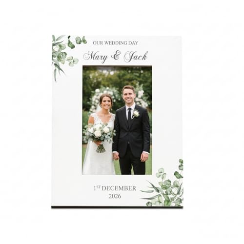Personalised Wedding Day Photo Frame White Finish 6x4 Inch Elegant Keepsake Gift with Custom Names and Date