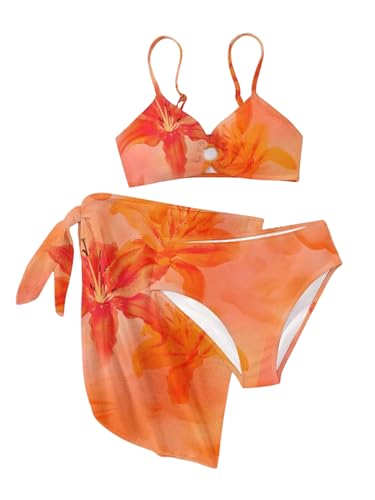 Image of RoseSeek Girls 3 Piece Bikini Set with Beach Skirt Floral Leopard O-Ring Padded Swimsuit for Teen Girls