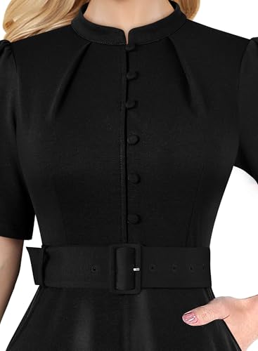 Image of VFSHOW Womens 2024 Business Work Office Pockets Belted Buttons Elegant Fit and Flare A-Line Dress