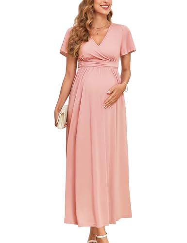 AISWI 2025 Damen Umstandskleid, Maxikleid, langärmelig, Wickelkleid, V-Ausschnitt, Schwangerschaftskleider mit Taschen, Babyparty, Fotoshooting,...