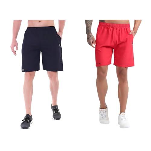Image of BLUE STAR SHARK Athletic Sports Shorts for Men with Zip Pockets and Elastic Waistband Quick Dry Lightweight Activewear Combo - Pack of 2