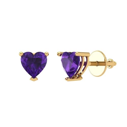 1.44cttw Heart Cut Solitaire Stunning Natural Amethyst gemstone Unisex Pair of Earrings Stud 14k Yellow Gold Screw Back