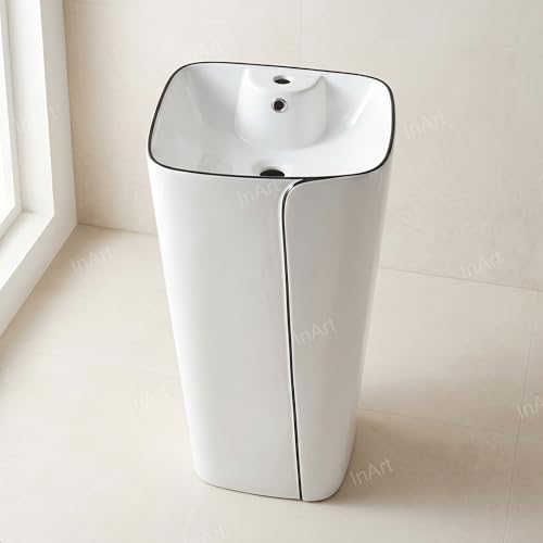 Image of InArt Ceramic Pedestal Wash Basin - Square Free Standing, Glossy White & Black,17x14x34 Inch, Easy Install for Modern Bathrooms (Black 2)