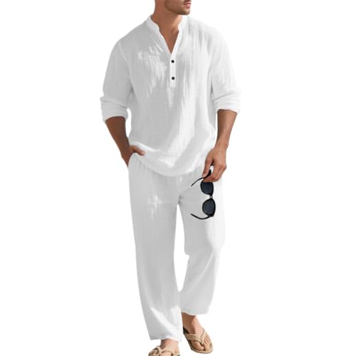 Yegirlzs Homme Ensemble en Lin 2 Pièce Lin Chemises à Manches Longues et Pantalons Ensembles de Plage Décontracté Mode Survêtement A Blanc L