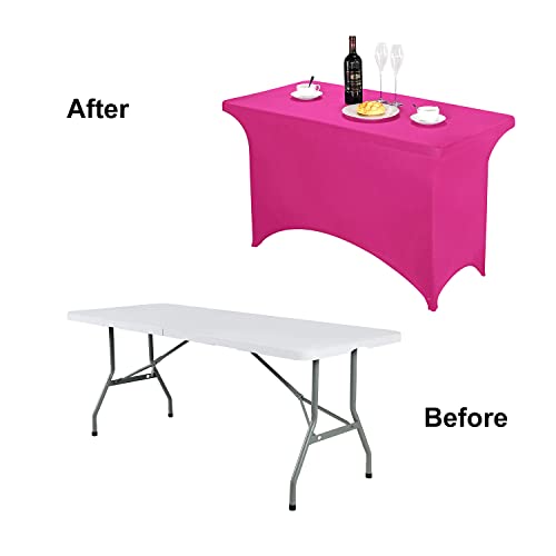 Image of FORLIFE Spandex Table Cover - Fitted 4ft Rectangular Tablecloth for Weddings & Banquets, Stretch Patio Cover (Fuchsia)