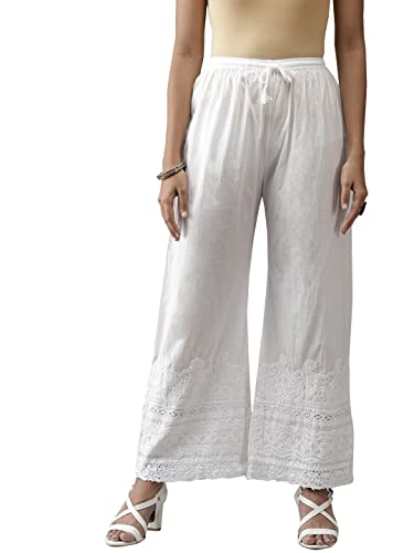 Ada Indian Hand Embroidered Chikankari White Cotton Palazzo Pant for Women A711142