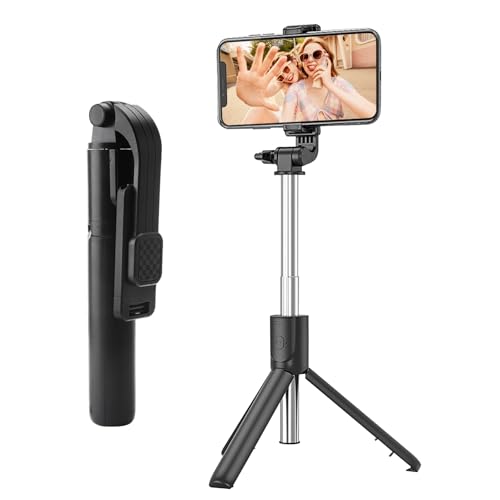 TNSLAND Perche à selfie avec trépied pour téléphone portable, 100 cm, Bluetooth, avec télécommande et support pour téléphone portable, portable et rétractable pour smartphones (noir)