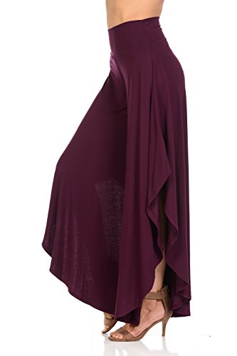 Fashion Ladybug Women s Solid Long Pants Flowy Wide Leg Palazzo Pants Fold Over Side Slit S-Plus Sizes (3X, Plum)