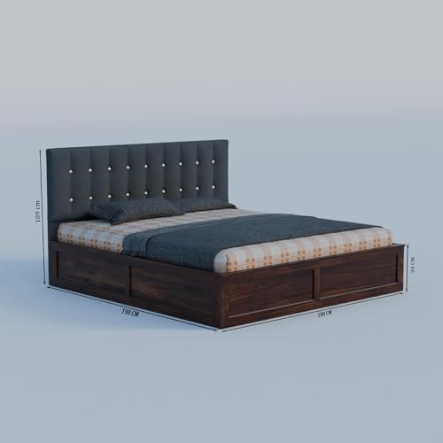 Image of Sheesham Wood King Size Bed with Storage Box | Double Bed for Home | Platform Cot with Cushioned Headboard | Upholstered Beds | Recommended Mattress 78x72 Inch | Dark Grey & Walnut Finish