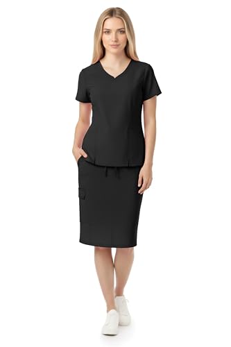 MediChic Womens Premium Medical Uniform Skirt Set V-Neck Scrub Top & Scrub Skirt Soft Stretch Fabric 4-Way Stretch Lightweight Nursing Scrubs with 6 Pockets