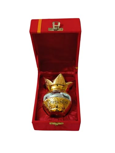 Image of Traditional Brass Kalash, Gold and Silver Finish, Decorative Pooja Vessel with Engraved Design, 5 Inch