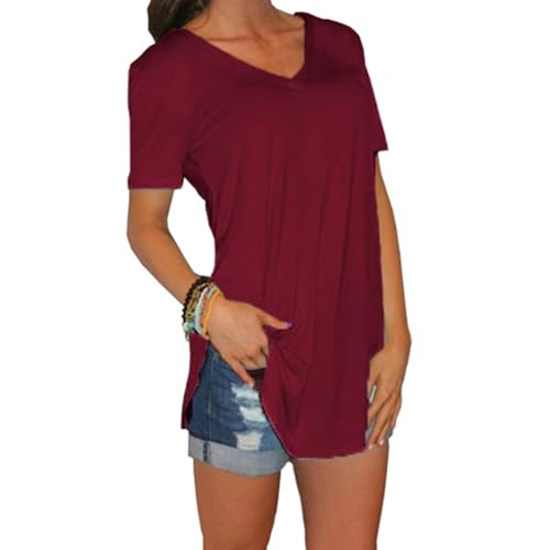 Slomra T Shirts for Women, Women's Short Sleeve Casual V Neck Curved Hem T-Shirt, Long Loose