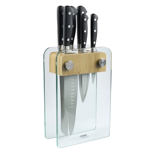 Cooks Professional Precision 6 Piece Knife Set | with Glass and Bamboo Knife Block | Steel | Chef | Home Kitchen