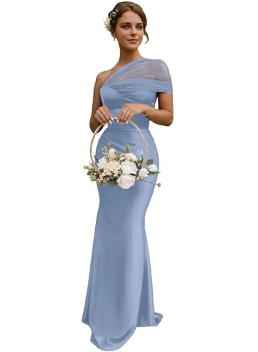 Mermaid One Shoulder Satin Bridesmaid Dresses for Women Tulle Floor Length Open Back Corset Evening Formal Gowns