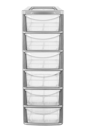 Plastic Storage Tower with 6 Drawers - Silver Frame Clear Drawers - Small Organiser Unit for Home Office Crafts and Toys