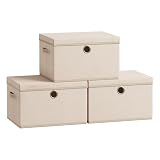 SONGMICS Set di 3 grandi contenitori con coperchio, organizer per armadio in tessuto da 30 litri, contenitori pieghevoli, 40 x 30 x 25 cm, sabbia estiva URFB540LF01