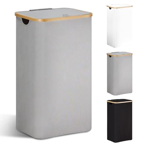 YOUDENOVA Laundry Basket with Lid 85-Litre Large Washing Baskets for Laundry with Laundry Bag Collapsible Laundry Baskets with Handles Laundry Hamper Bamboo Laundry Bin for Bedroom, Bathroom, Grey