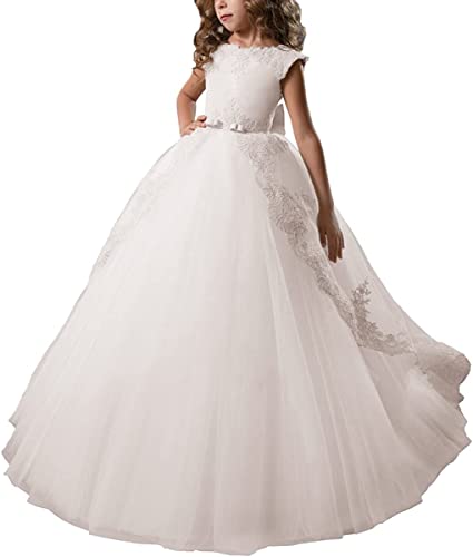PLWEDDING Vestido Elegante de Flores para Niña Largo de Punta y Tul Festivo Vestido de Baile Puffy, Blanco, 8 9 años