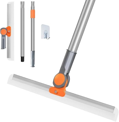SKY-TOUCH Multi-Purpose Silicone Floor Squeegee38cm Dual-Head with 110cm Extendable Stainless Steel Handle Orange for Bathroom Kitchen Windows and Smooth Floors Include 1 Wall Hook