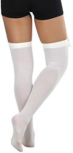 Image of ToBeInStyle Women's Opaque Long Thigh High Stockings w /Decorative Front Satin Bow