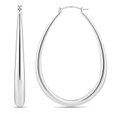 Gacimy Chunky Hoop Earrings for Women, 14K White Gold Plated Oval Hoop Big Earrings with 925 Sterling Silver Post, 50mm Silver Tone