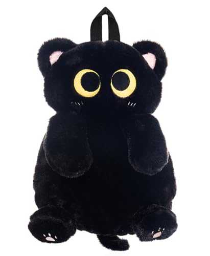 IYOOCSS Girls Black Cat Plush Backpack – Stuffed Animal Cat Bag with Adjustable Straps, Perfect for Birthday Travel & Gifts (Black Cat)