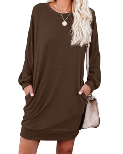 PrinStory Damen Pullover Kleid Lässig Rundhals Winterkleider Weich Tuinc Tops Sweatkleid Langärm Freizeitkleider Mit Taschen (Dunkler Kaffee, L)