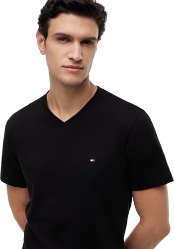 Tommy Hilfiger Herren T-Shirt Kurzarm Essential Tee mit V-Ausschnitt, Schwarz (Black), M – Ansicht 4