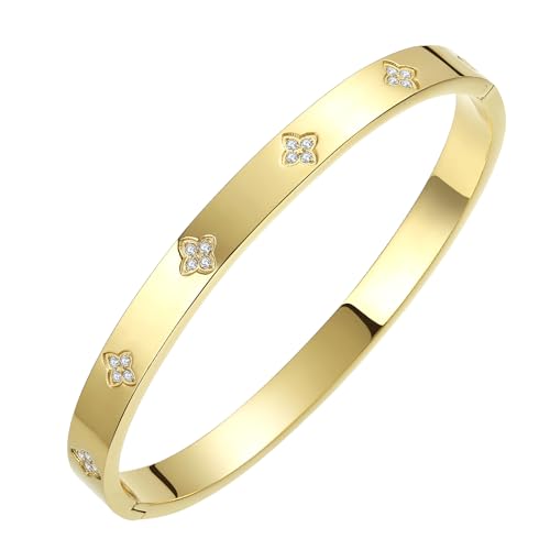 Gold Bangle Bracelets for Women Four Leaf Clover Lucky Love Cubic Zirconia Bracelet