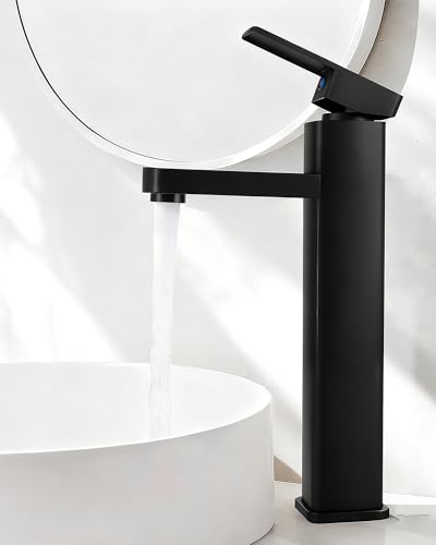 Grifo de lavabo alto negro – Baño – Grifería de lavabo de acero inoxidable monomando con altura de caño 200 mm con manguera de conexión de 80 cm, monomando para lavabo sobre encimera, aseo de