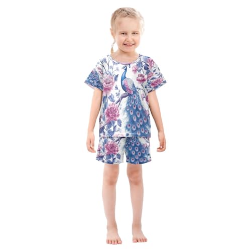 Pajama Sets Short Sleeve Peacock Among Pink Flowers Soft Cotton Summer Sleepwear 2 Piece PJS Size 5-14T4
