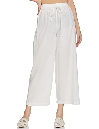 Image of Pack of 1 Stylish & Comfortable Rayon Cotton Straight Cut Wide Legs Palazzo Trousers for Women /Knitted Rayon Cotton Ethnic Palazzo White