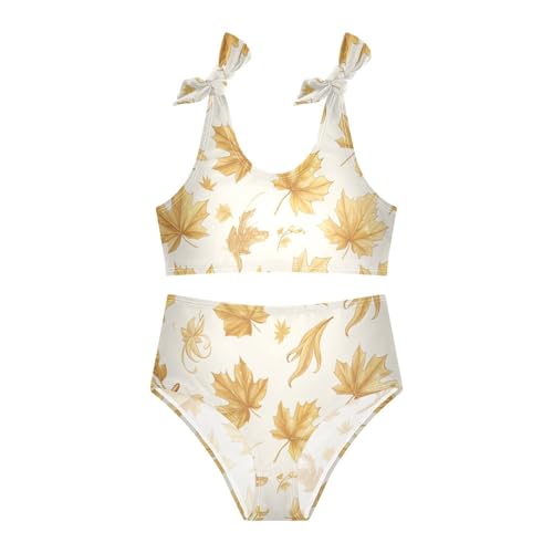 KLL Vintage Golden Glitter Maple Leaves Girls 2 Pieces Bikini Set Quick-Dry Swimsuits Swimming Suits Cute Shoulder Strap3