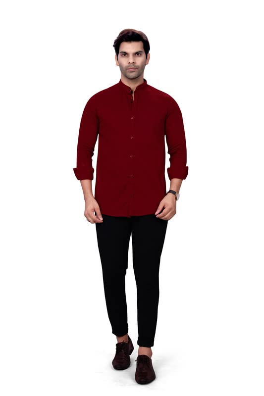 Image of Men's Cotton Solid Regular Fit Mandarin Collor Shirt - Maroon