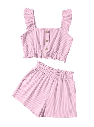 Image of Girls 2 Piece Summer Outfits Ruffle Strap Striped Crop Top and Short Sets Pink 7-8 Years