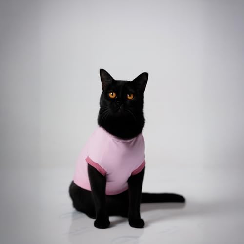 Image of Thunder Tails Printed Cat T-Shirt for Small to Large Cats & Kittens | Lightweight Breathable Cotton Pet Apparel | Cute & Stylish, Comfortable Round Neck Cat Clothes (M, Pink)